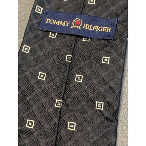 Tommy Hilfiger Mens Silk Tie Black and Blue Geometric Patterns Necktie - Picture 3 of 5
